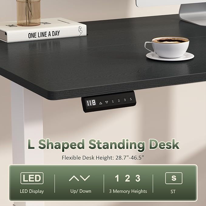 YOMILUVE Farmhouse L Shaped Standing Desk, 66 inch Corner Electric Standing Desk with Drawers ＆ Storage Shelves, Height Adjustable Computer Desk with Power Outlets for Home Office (Black and White)
