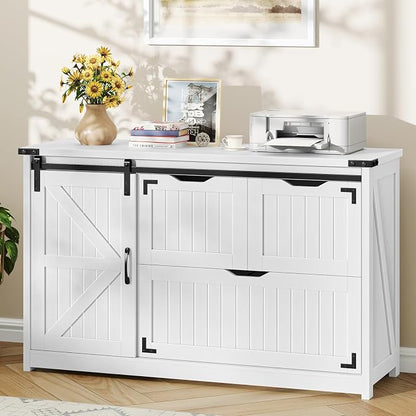 Halitaa 47.8” Farmhouse Lateral File Cabinet with Sliding Barn Door, 3 Drawers Filing Storage Cabinets with Adjustable Shelf, Office Printer Stand for Hanging Files Letter/Legal/A4/F4.Cream White
