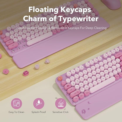 Wireless Keyboard and Mouse Combo, Round Keycaps, Full-Size Retro Typewriter Keyboard with Magnetic Wrist Rest, Tilt Legs, 2.4GHz Cordless Connection for Mac/Windows/PC, SABLUTE CK23, Lavender Purple