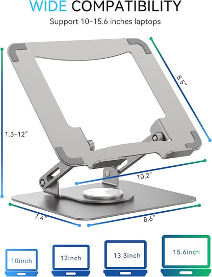 SOUNDANCE 360 Rotating Laptop Stand, Ergonomic Computer Riser for Desk, Adjustable Height Multi-Angle Metal Holder, Foldable Portable Notebook Elevating Base for Office & Home, Silver Grey