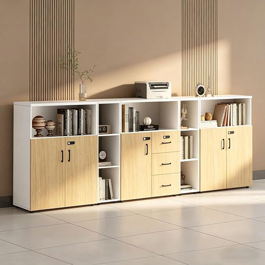 File Cabinet with Password Lock, Wood Lateral Filing Cabinet for Letter/A4 Files, 3 Drawer with Door, Printer Stand with Open Shelves for Home Office