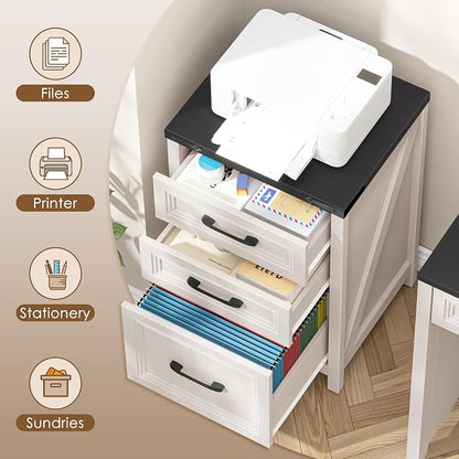 Vabches 3 Drawer Vertical File Cabinet, Farmhouse Wooden Filing Cabinet Fits A4 Letter Size, Under Desk Small File Cabinet, Printer Stand with Storage Organizer for Home Office, White and Black