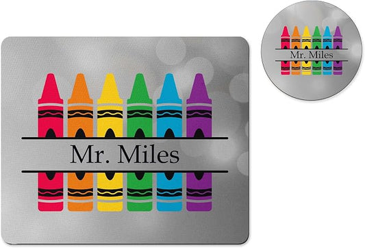 Personalized Teacher Mousepad and Coaster Desk Set Gift for Teachers Appreciation Back to School Classroom Decor Custom Handmade by The Painted Pug (Grey Crayon)