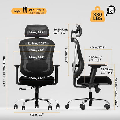 HOLLUDLE Ergonomic Mesh Office Chair - 3D Adjustable Lumbar Support & 3D Armrests, V-Shaped Back, Adjustable Desk Chair for Office & Home, Black