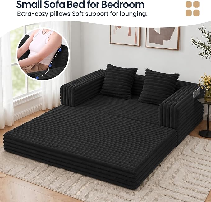 COMAX Futon Sofa Bed, 4‑in‑1 Convertible Sofa Bed, Folding Boneless Couches | Boneless Couch for living room, Fold Out Small Foldable Loveseat Floor Sleeper Mattress Lounge Space‑Saving, Jet Black