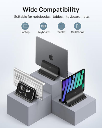 SODI Vertical Laptop Stand Holder for Desk Compatible with MacBook Air, MacBook Pro Stand Vertical Aluminum Up to 17 inch, Gravity Auto-Lock Cooling, 3-in-1 Space Saving Desk Organizer Accessories
