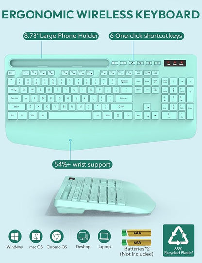 SABLUTE Wireless Keyboard and Mouse, Wrist Rest, Phone Holder, Battery Powered, 2.4G Lag-Free Ergonomic Keyboards Mouse Combo, KM23D Silent Keyboards Set for PC, Laptop, PC, Windows, Mint Green