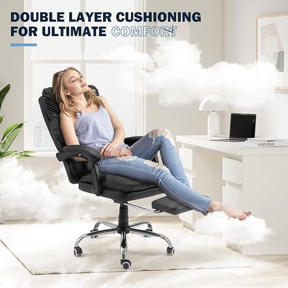 HOMREST Ergonomic Office Chair, PU Leather Black | 6-Point Massage & Heating, Adjustable Executive Desk Chair, Retractable Footrest, Dual-Layer Soft Cushion