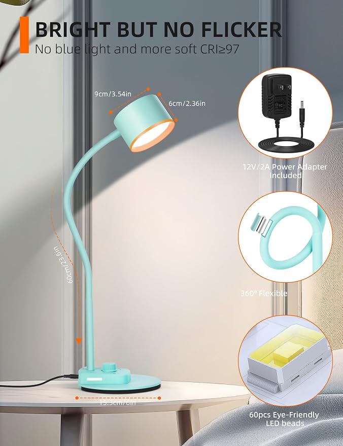 LiFMIRA Desk Lamp, Fully Dimmable Bedside Reading Lamp with USB C + A Charging Ports, 5 Colors, Simple to Operate, Eye Care Metal Table Lamp Efficient Desk Lamps for Home Office College Dorm Room