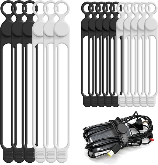 Silicone Cable Ties Cord Organizer Cable Management, 16Pcs 4.2" and 7.1" Reusable Cable Organizer Electronic Accessories for Home, Office, Kitchen, School, Travel(Black&White)