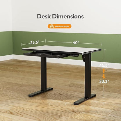 INNOVAR Glass Standing Desk with Drawers, 40 x 24 Inches Electric Height Adjustable Desk, Tempered Glass Top Stand Up Desks for Home and Office, Black