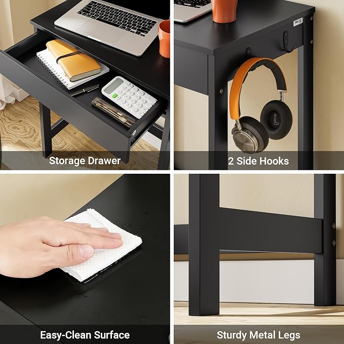 SoBuy Small Writing Desk with MDF Drawers, 24 inch Mini Desk with Side Hooks Suitable for Children Teenagers in Bedroom, Dorm, Living Room (Black, FWT43-SCH)