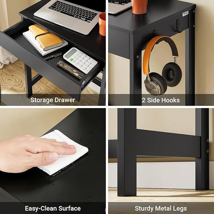 SoBuy Small Writing Desk with MDF Drawers, 24 inch Mini Desk with Side Hooks Suitable for Children Teenagers in Bedroom, Dorm, Living Room (Black, FWT43-SCH)
