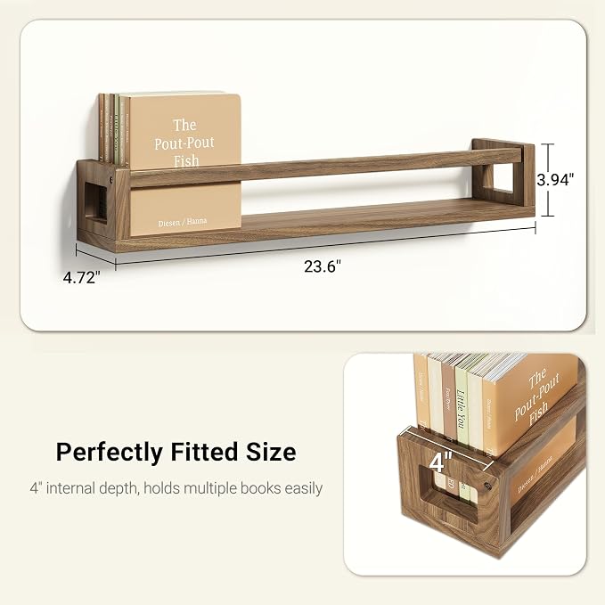 Upgraded Thick Floating Shelves, 24 Inch Solid Wood Bookshelf for Wall, Floating Book Shelves Use as Wall Shelves for Bedroom, Living Room, Kitchen, Books, Spice Rack & Decor - Walnut Brown