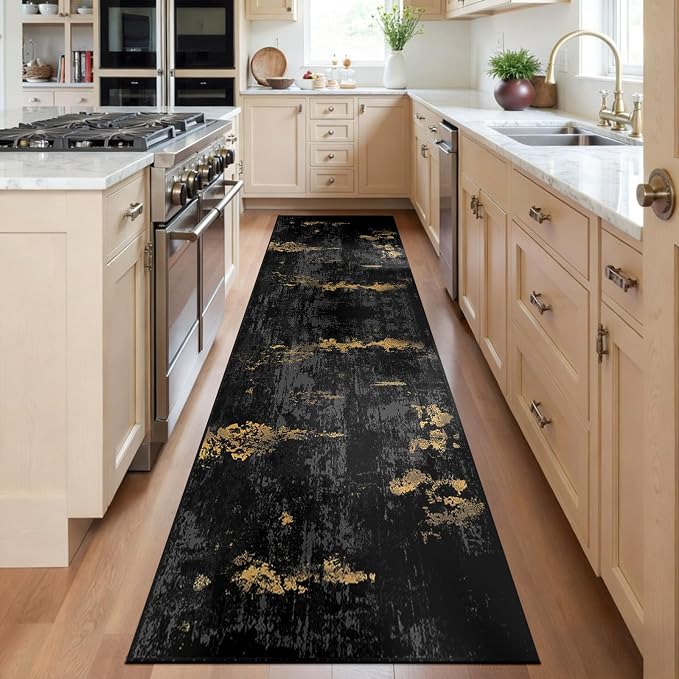 RELEANY Washable Area Rugs 2'x6' Non-Slip Modern Abstract Soft for Living Room Entryway Bedroom Kitchen, Print Pattern, Dark Black Gold