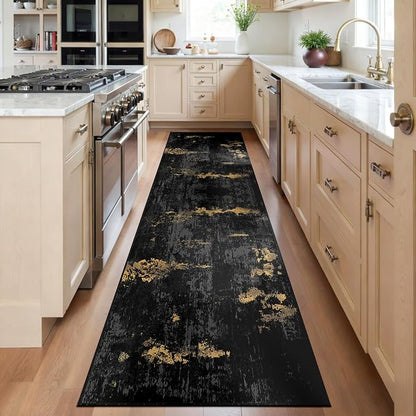 RELEANY Washable Area Rugs 2'x6' Non-Slip Modern Abstract Soft for Living Room Entryway Bedroom Kitchen, Print Pattern, Dark Black Gold