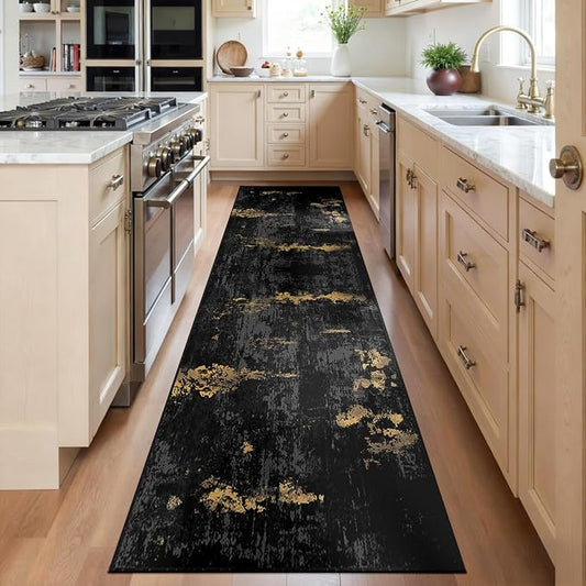 RELEANY Washable Area Rugs 2'x6' Non-Slip Modern Abstract Soft for Living Room Entryway Bedroom Kitchen, Print Pattern, Dark Black Gold