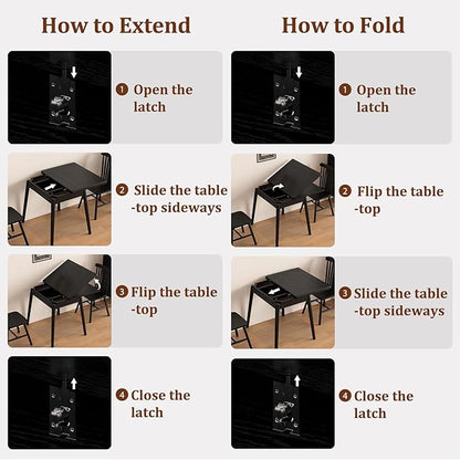 Solid Wood Small Dining Table, 23.6"L-47.2"L Expandable Kitchen Table for 2-6, Designed for Small Spaces, Easy Assembly, Suitable for Kitchen, Dining Room, Living Room, Apartment (Black)