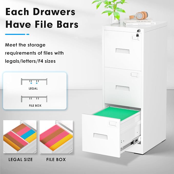 Pataku 3 Drawer File Cabinet with Lock, Sturdy Metal Vertical Filing Cabinets for Home Office, Under Desk Paperwork Storage Fully Extendable Slides Letter Legal A4 Size 18x15x41 Inches, White