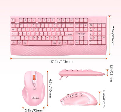 MEETION Wireless Keyboard and Mouse, Full-Sized Cordless Keyboard with Wrist Rest, 3 DPI Adjustable Mouse, Keyboard and Mouse Set with 2.4GHz USB Receiver, for PC/Computer/Laptop/Windows/Mac, Pink