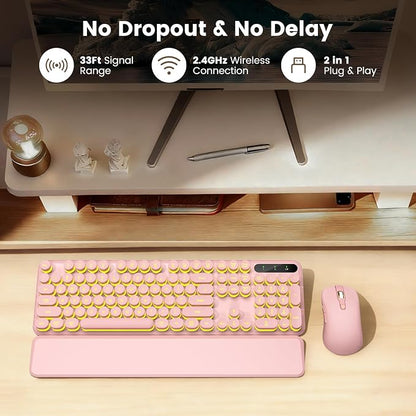 Wireless Keyboard and Mouse Combo, Round Backlit Keycaps, Retro Typewriter Keyboard with Detachable Wrist Rest, Rechargeable & Tilt Legs, 2.4GHz Cordless Connection for Windows/PC (Glowing Pink)