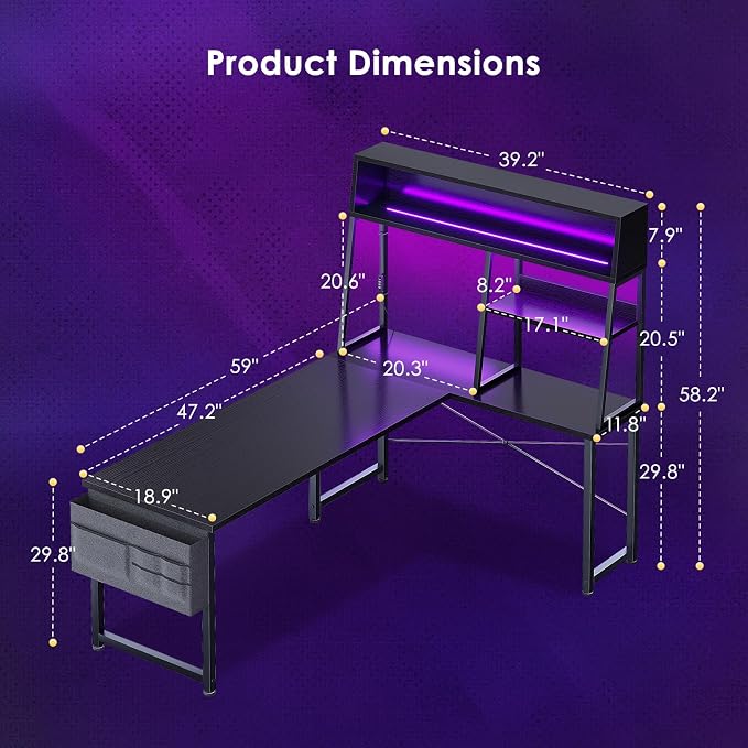 AODK L Shaped Gaming Desk with Led Lights, 59 Inch Reversible Gaming Computer Desk with Display Shelves, PC Gamer Desk Gamer Table with Storage Bag, L Desk for Game, Black