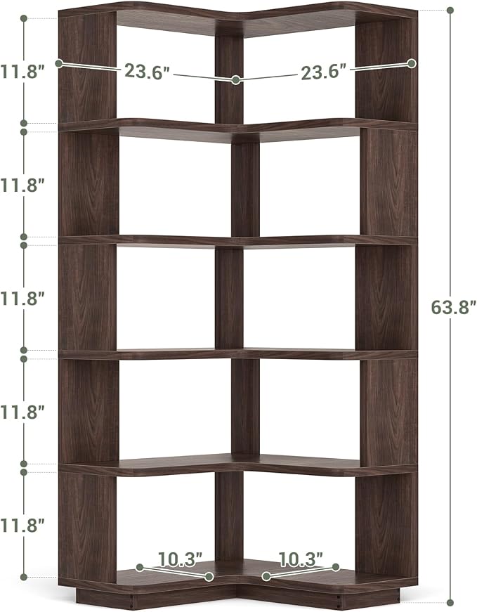 Armocity Corner Book Shelf - 6-Shelf Corner Bookshelf Etagere Bookcase with Baffle, Freestanding L Shaped Display Shelf Stand for Home Office, Living Room, Bedroom, Kitchen, Black Walnut
