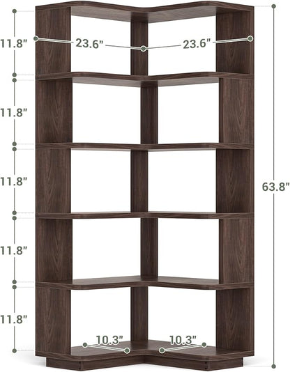 Armocity Corner Book Shelf - 6-Shelf Corner Bookshelf Etagere Bookcase with Baffle, Freestanding L Shaped Display Shelf Stand for Home Office, Living Room, Bedroom, Kitchen, Black Walnut