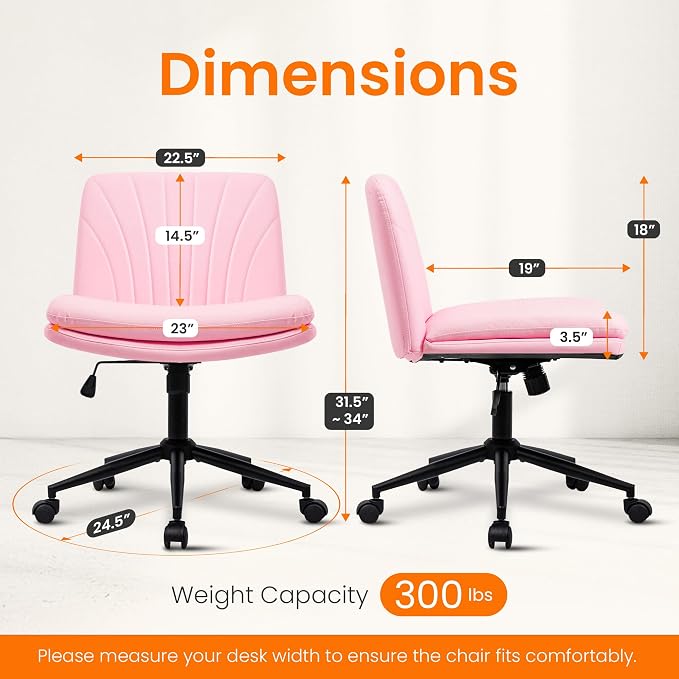 NEO CHAIR Criss Cross Chair with Wheels Armless Vanity Desk Office Wide Comfy Chair Cross Legged Adjustable Swivel Rolling Computer for Home Office PU Leather (Pink-Leather)