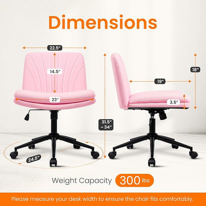 NEO CHAIR Criss Cross Chair with Wheels Armless Vanity Desk Office Wide Comfy Chair Cross Legged Adjustable Swivel Rolling Computer for Home Office PU Leather (Pink-Leather)