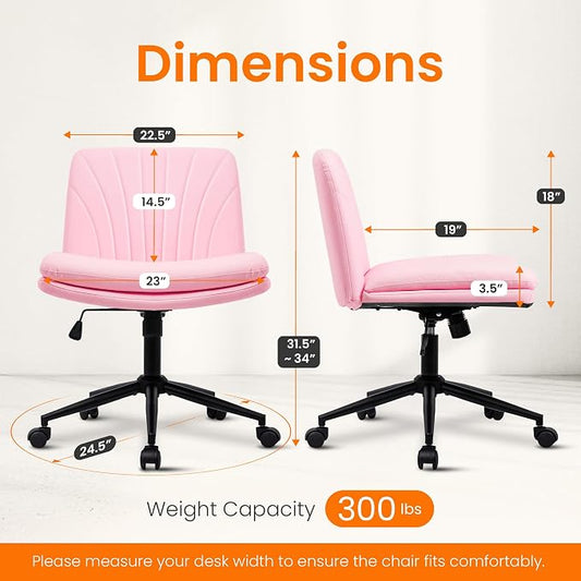 NEO CHAIR Criss Cross Chair with Wheels Armless Vanity Desk Office Wide Comfy Chair Cross Legged Adjustable Swivel Rolling Computer for Home Office PU Leather (Pink-Leather)
