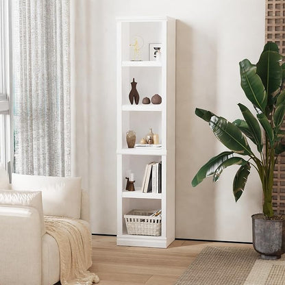 blini 5-Shelf Narrow Bookcase White Wooden Tall Bookshelves Floor Standing Display Storage Shelves Vintage Oak Bookcase for Home Office, Living Room, Bed Room