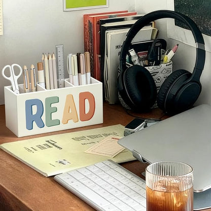 Reading Room Corner Decor Kids Pen Pencil Holder for Desk, Book Lover Reader Gifts, Boho READ Bookish Wooden Box Sign Decorations for Reading Room Nook Home Library Classroom Desk Tabletop