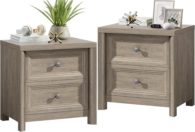 Night Stand Set of 2 Farmhouse Nightstand with 2 Drawers Storage Bed Side Table End Table with Metal Knob Large Mid Century Modern Wood Bedside Stand for Bedroom Living Room Sofa Couch Office Grey