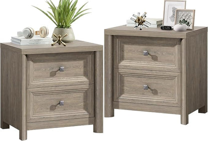 Night Stand Set of 2 Farmhouse Nightstand with 2 Drawers Storage Bed Side Table End Table with Metal Knob Large Mid Century Modern Wood Bedside Stand for Bedroom Living Room Sofa Couch Office Grey