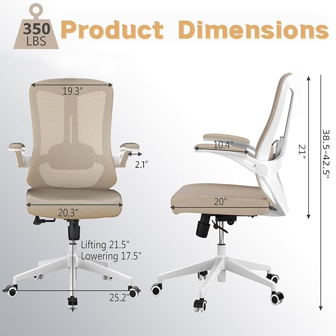 Ergonomic Office Chair - 350LB Comfy Desk Chairs with Lumbar Back Support, Mesh Computer Chairs with Wheels and Arms for Home Office, Study (Khaki-Without Headrest)