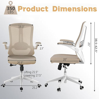 Ergonomic Office Chair - 350LB Comfy Desk Chairs with Lumbar Back Support, Mesh Computer Chairs with Wheels and Arms for Home Office, Study (Khaki-Without Headrest)