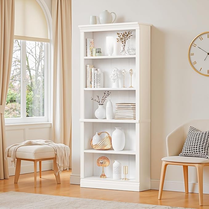 Furniwell Bookcase Bookshelves, 5-Shelf Tall Bookcase 71" Wood Open Display Floor Bookshelf, Large Storage Organizer for Library, Bedroom, Living Room (White)