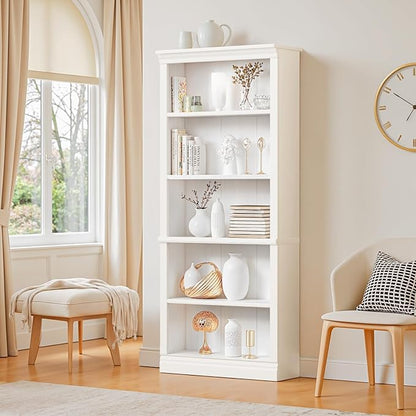 Furniwell Bookcase Bookshelves, 5-Shelf Tall Bookcase 71" Wood Open Display Floor Bookshelf, Large Storage Organizer for Library, Bedroom, Living Room (White)