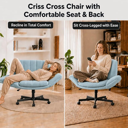 Criss Cross Office Chair with Wheels and Arms, Vanity Chair with Back, Comfy Swivel Cross Legged Office Chairs for Ultimate Comfort and Support, Unique Multifunctional Stylish Arms (Fabric Green)
