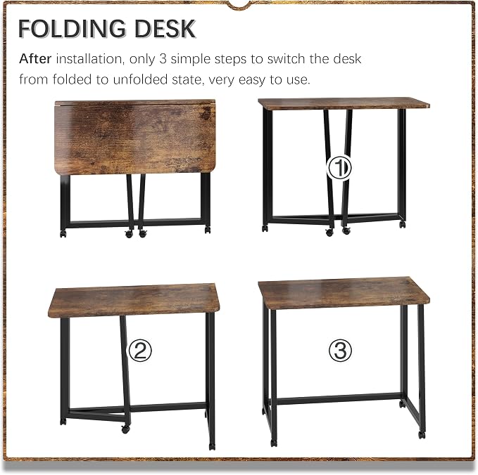 4NM 31.5" Mobile Small Folding Desk, Foldable Rolling Computer Home Office Desk, Study Writing Table for Small Space Saving Bedroom, with Wheels - Rustic Brown and Black