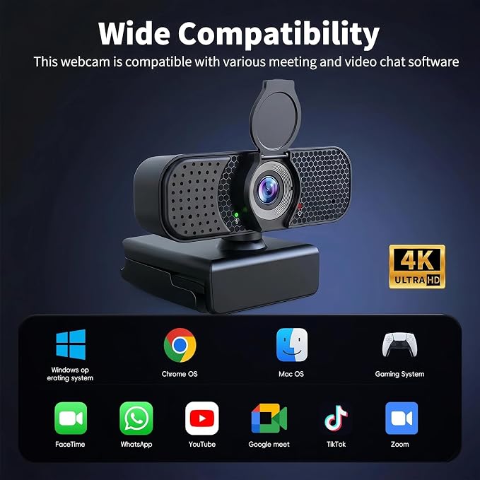 4K Webcam with Autofocus & Tripod, Camera for PC Laptop with Dual Microphone, USB Computer Camera with Low Light Correction, Auto White Balance, Video Camera for Streaming, Meetings, Office, Zoom
