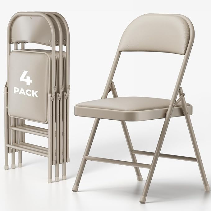 4 Pack Folding Chairs, PU Leather Folding Dining Chairs with Padded Cushion Seat & Back, Indoor Outdoor Folding Chair Set for Home Office, Parties, Events, Wedding, Extra Guest Seating