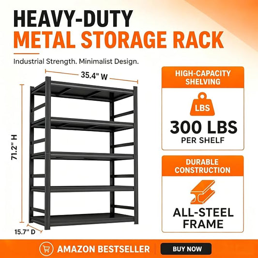 Bolt-Free Metal Bookshelf, Adjustable Tall Bookcase with Anti-Drop Fence, Heavy Duty Deep Book Shelf, Large Office Bookshelf, Modern Storage Shelves for Bedroom, LivingRoom, Garage