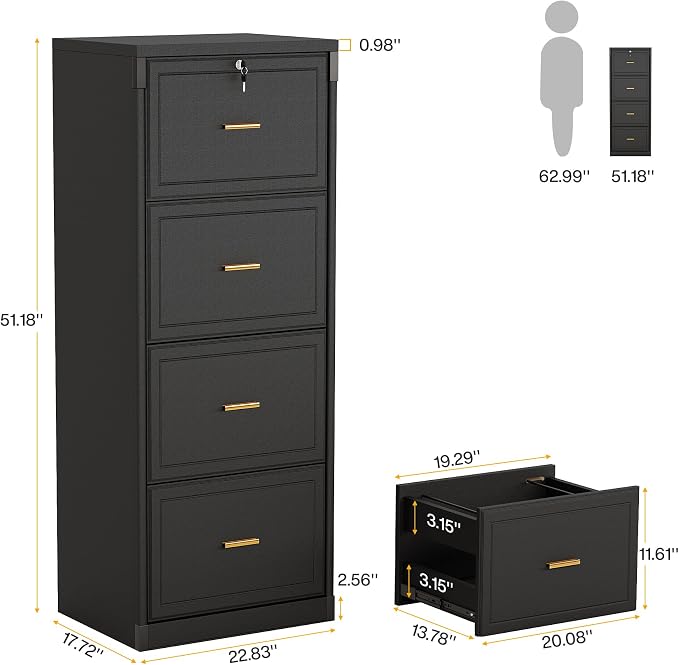Tribesigns 4-Drawer File Cabinet with Lock, Locked File Cabinet with Key, Tall Wooden Filing Cabinets for Home Office, Vertical Office Storage for Legal Size/Letter/A4/Files, Black