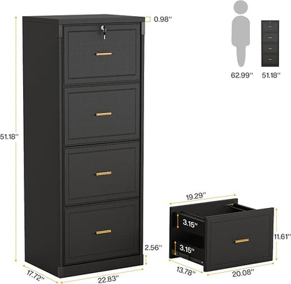 Tribesigns 4-Drawer File Cabinet with Lock, Locked File Cabinet with Key, Tall Wooden Filing Cabinets for Home Office, Vertical Office Storage for Legal Size/Letter/A4/Files, Black
