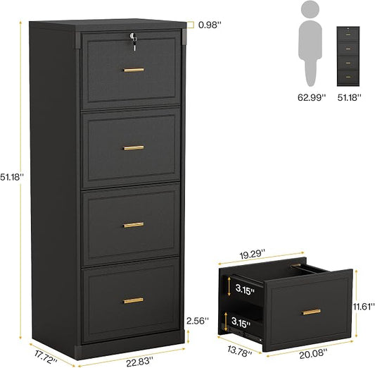 Tribesigns 4-Drawer File Cabinet with Lock, Locked File Cabinet with Key, Tall Wooden Filing Cabinets for Home Office, Vertical Office Storage for Legal Size/Letter/A4/Files, Black