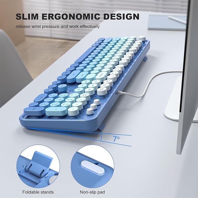 MOWUX Computer Keyboard Wired, Plug and Play USB Retro Round Typewriter Keyboard, Full Size Wired Keyboard with Foldable Stands for Laptop and Office PC- Blue Gradient