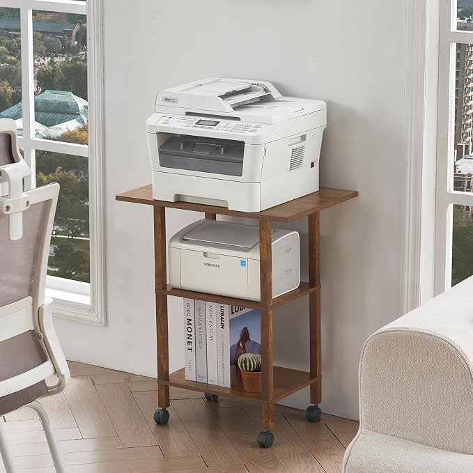 YUFAM 3 Tier Home Printer Stand with Storage, Wooden Mobile Printer Table Shelf, Rolling Printer Cart Shelf with Lockable Wheels fit Fax Machine, Scanner, Brown