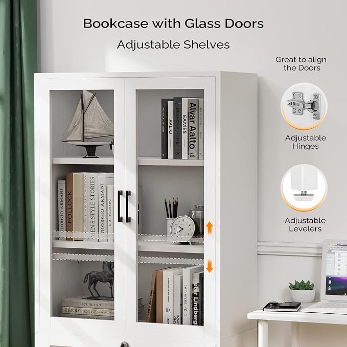 VINGLI Lateral File Cabinet with Glass Doors and Locking Drawer for Hanging File Folders, Bookshelf with Adjustable Shelves for Home Office (White, 30''W x 16''D x 55''H)